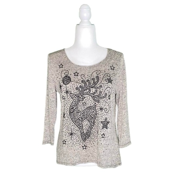 Forever Jade Tops - BEADED REINDEER EMBELLISHED TOP WITH 3/4 SLEEVES · SIZE S · NWOT